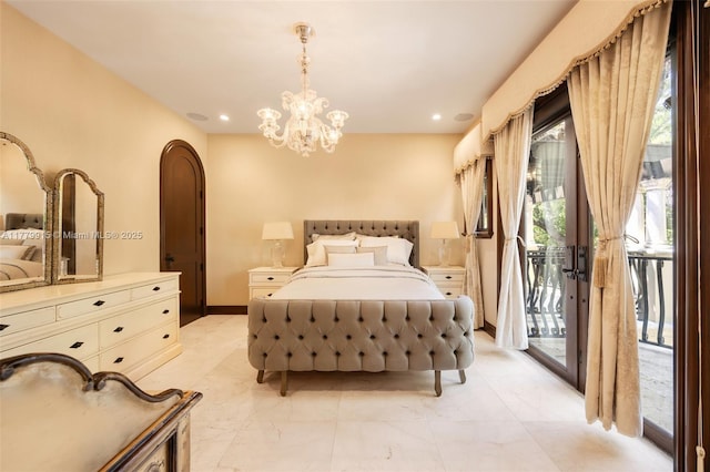 bedroom featuring recessed lighting, a notable chandelier, access to outside, and marble finish floor