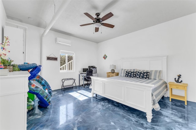 16 N Channel Dr, Key Largo, FL 33037 - bedroom featuring an AC wall unit, finished concrete floors, an office area, and a ceiling fan