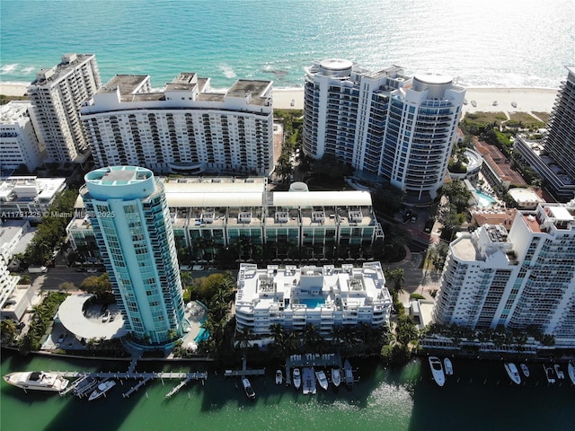 bird's eye view featuring a water view and a city view