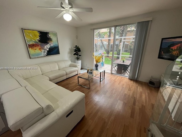 living area featuring a ceiling fan and wood finished floors