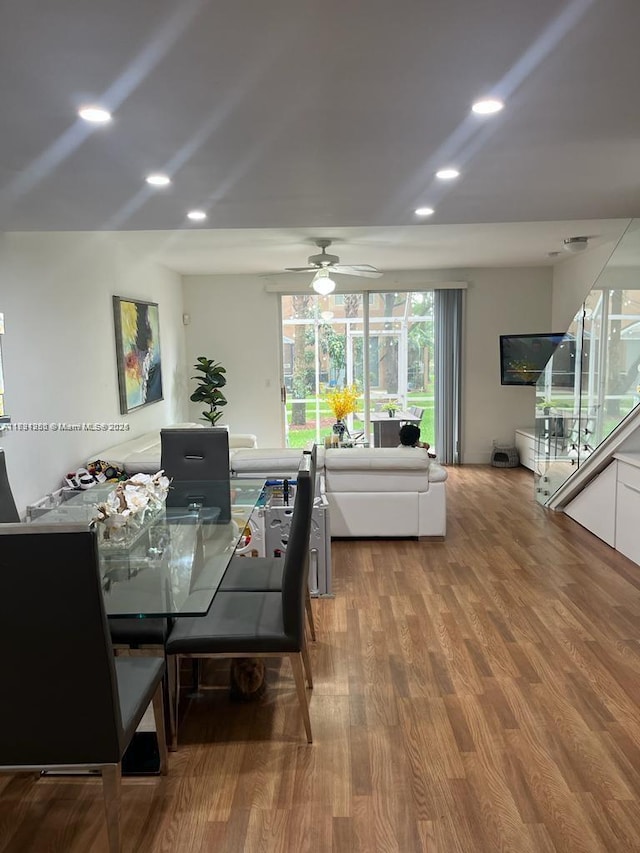 dining area featuring recessed lighting, wood finished floors, and a ceiling fan