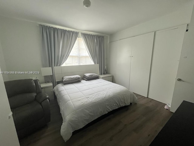 bedroom with a closet and dark wood-style flooring