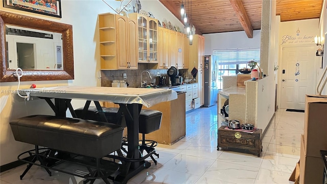 kitchen featuring tasteful backsplash, open shelves, beam ceiling, wooden ceiling, and glass insert cabinets