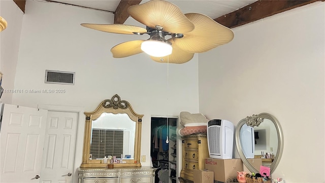 interior details with visible vents, a ceiling fan, and beam ceiling