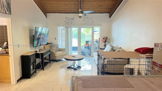 living room featuring ceiling fan, lofted ceiling, wooden ceiling, and marble finish floor