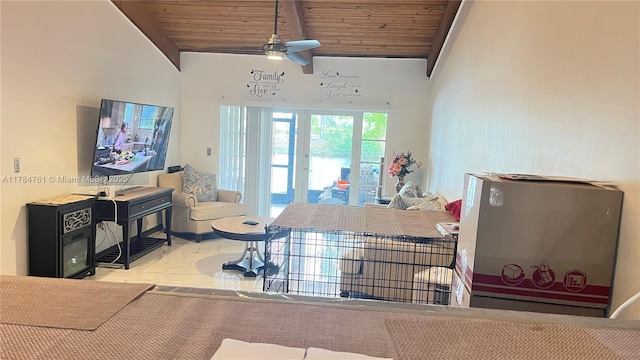 living area featuring ceiling fan, wooden ceiling, and beamed ceiling