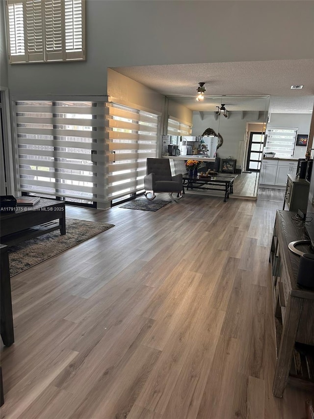 13686 SW 116th Ln, Miami, FL 33186 - living room featuring a textured ceiling, a ceiling fan, and wood finished floors