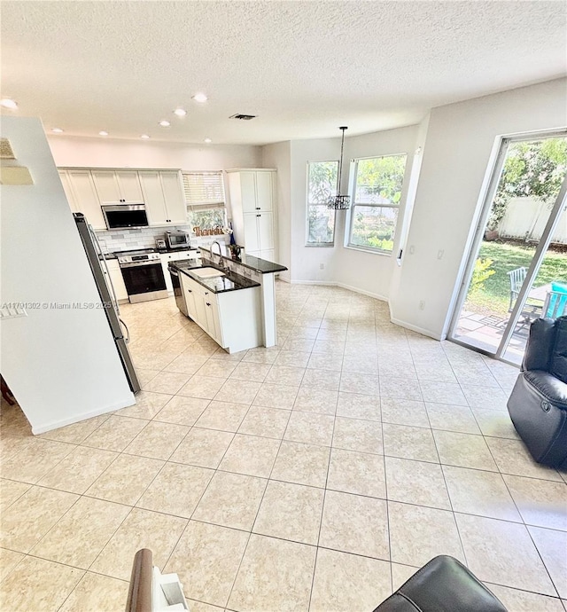 kitchen featuring open floor plan, a textured ceiling, a wealth of natural light, and stainless steel appliances