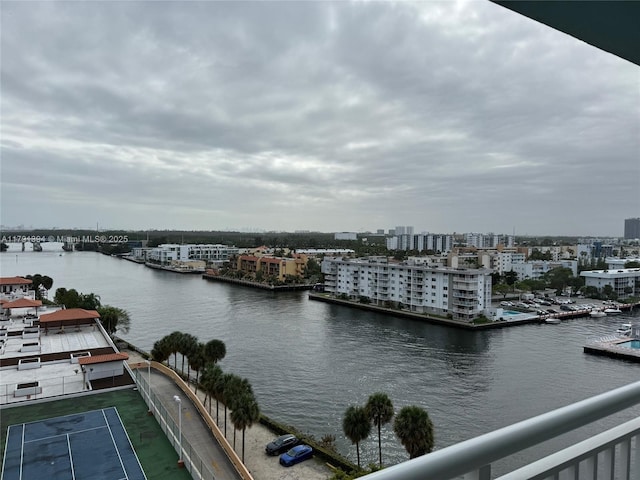 view of water feature with a city view