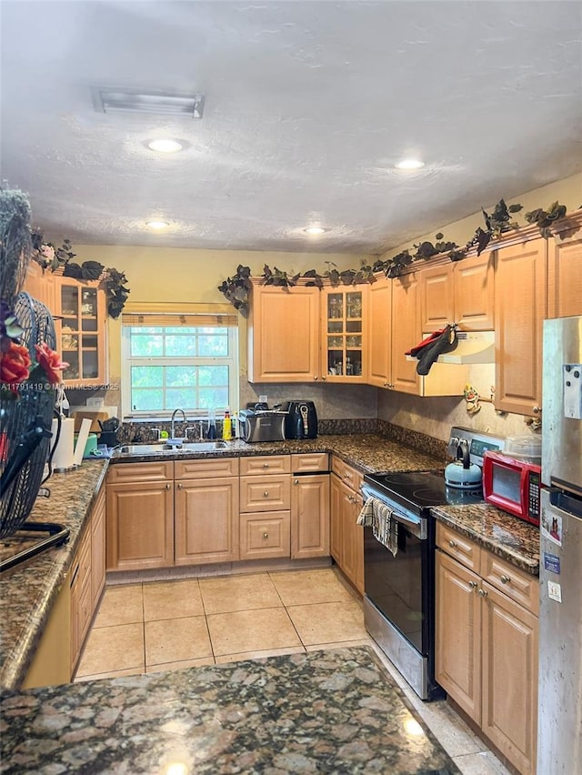 11104 SW 154th Ter, Miami, FL 33157 - kitchen featuring stainless steel appliances, a sink, glass insert cabinets, dark stone countertops, and under cabinet range hood