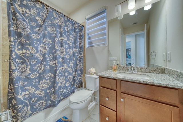 full bathroom featuring vanity, toilet, and shower / tub combo with curtain