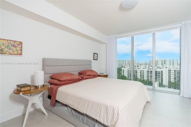 bedroom featuring baseboards, access to outside, a city view, and floor to ceiling windows