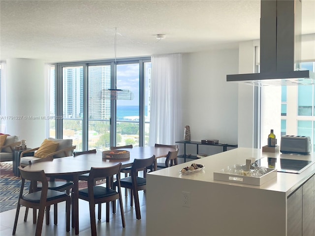 dining room featuring a textured ceiling and a wall of windows