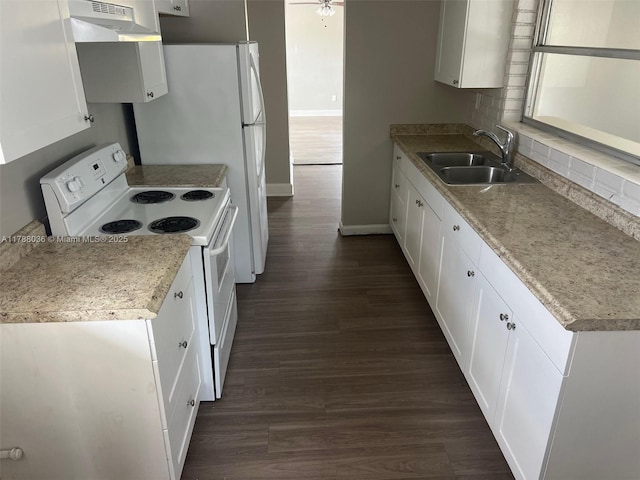 4410 NW 30th Ct, Lauderdale Lakes, FL 33313 - kitchen featuring a sink, under cabinet range hood, white range with electric stovetop, white cabinetry, and baseboards