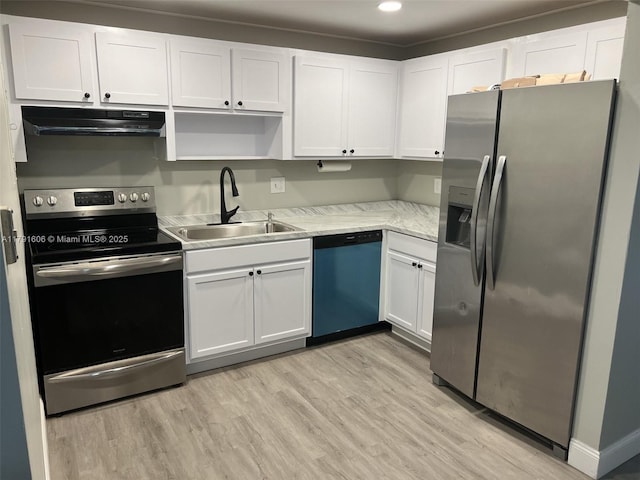 7000 NW 17th St Unit 109, Plantation, FL 33313 - kitchen featuring white cabinetry, a sink, appliances with stainless steel finishes, light countertops, and under cabinet range hood
