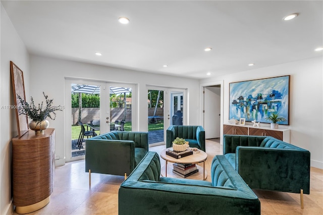 living room featuring recessed lighting and french doors