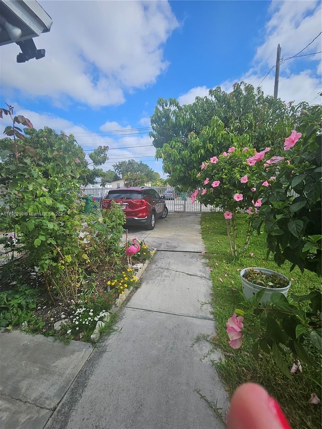 view of yard with a gate, fence, and driveway