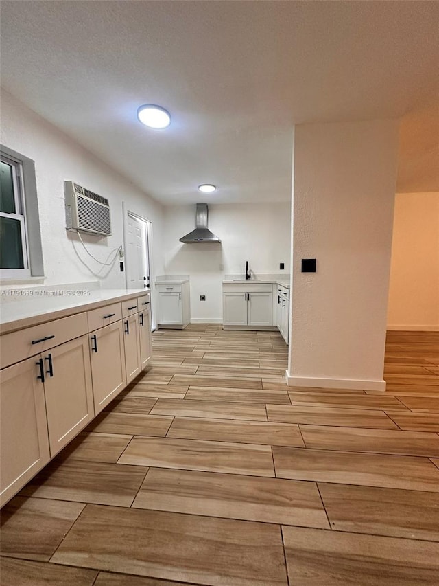 249 SW 4th Ct, Homestead, FL 33030 - kitchen featuring wall chimney exhaust hood, a sink, light wood-style floors, an AC wall unit, and light countertops