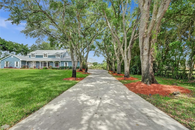 view of property's community with a lawn and concrete driveway