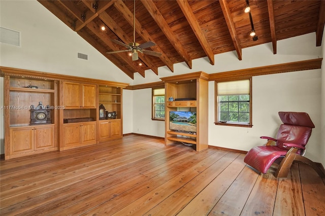 living area with wood ceiling, baseboards, visible vents, and light wood-style flooring