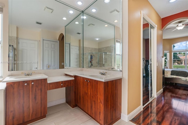 13119 SW 29th St, Miramar, FL 33027 - bathroom with recessed lighting, vanity, a stall shower, ceiling fan, and ensuite bath