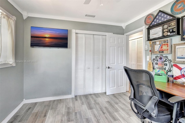 17501 NW 85th Ave, Hialeah, FL 33015 - home office with baseboards, visible vents, wood finished floors, and ceiling fan