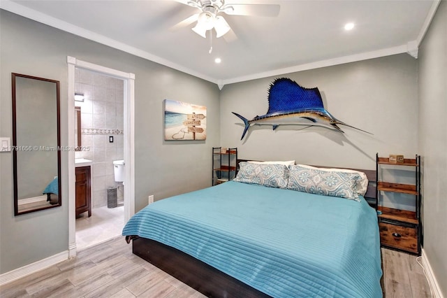 17501 NW 85th Ave, Hialeah, FL 33015 - bedroom with light wood finished floors, crown molding, ensuite bathroom, a ceiling fan, and recessed lighting