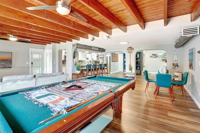 17501 NW 85th Ave, Hialeah, FL 33015 - playroom featuring billiards, beamed ceiling, ceiling fan, arched walkways, and wood finished floors