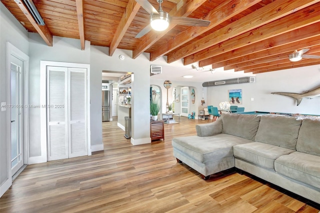 17501 NW 85th Ave, Hialeah, FL 33015 - living room featuring beamed ceiling, ceiling fan, visible vents, baseboards, and light wood-type flooring