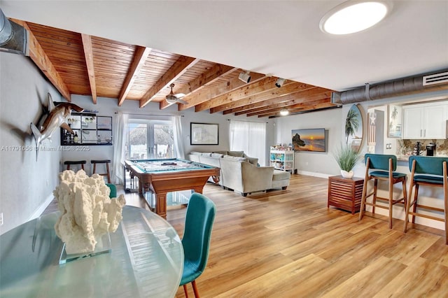 17501 NW 85th Ave, Hialeah, FL 33015 - playroom with light wood finished floors, billiards table, and a wooden ceiling with exposed beams