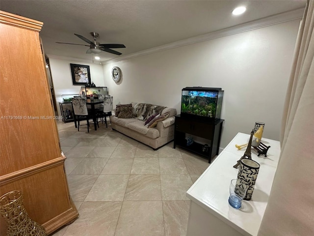 11537 SW 6th St, Sweetwater, FL 33174 - living room with crown molding, recessed lighting, ceiling fan, and light tile patterned floors