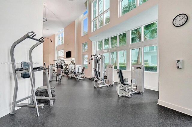 1900 N Bayshore Dr Unit 2816, Miami, FL 33132 - exercise room with healthy amount of natural light, a high ceiling, and baseboards