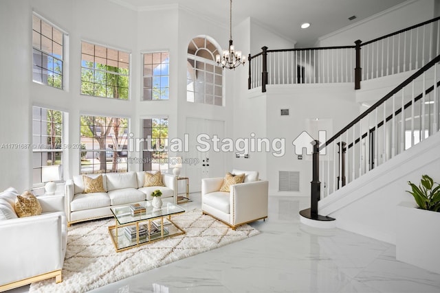 17937 SW 36th St, Miramar, FL 33029 - living area with marble finish floor, stairs, a towering ceiling, visible vents, and ornamental molding