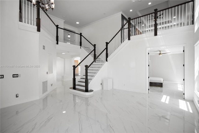 17937 SW 36th St, Miramar, FL 33029 - stairs featuring a high ceiling, ornamental molding, recessed lighting, and ceiling fan