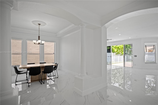 17937 SW 36th St, Miramar, FL 33029 - dining area with an inviting chandelier, arched walkways, decorative columns, and baseboards