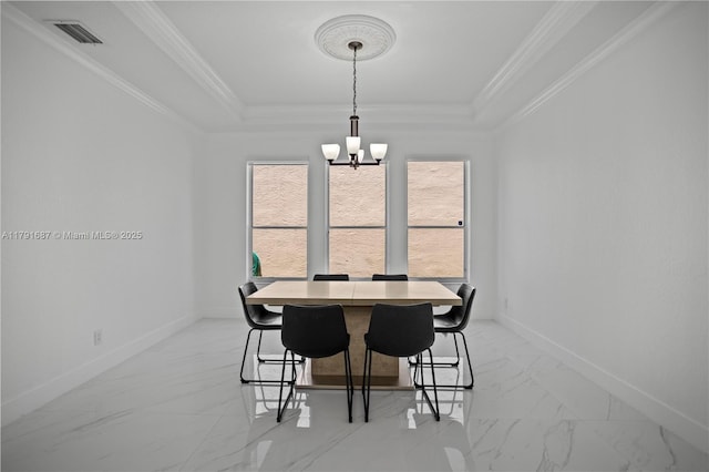 17937 SW 36th St, Miramar, FL 33029 - dining room with an inviting chandelier, visible vents, marble finish floor, baseboards, and a tray ceiling