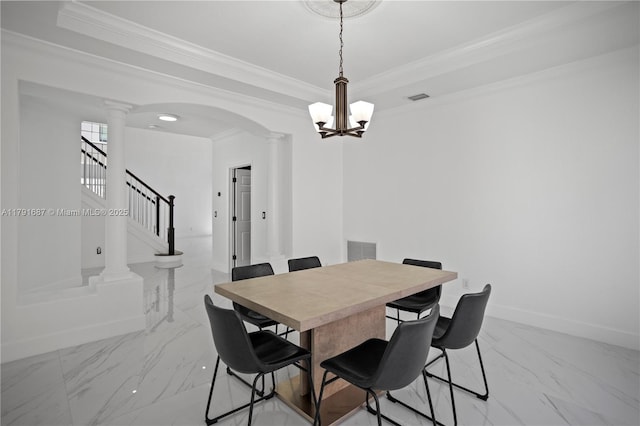 17937 SW 36th St, Miramar, FL 33029 - dining area featuring marble finish floor, decorative columns, ornamental molding, and visible vents
