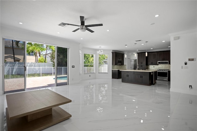 17937 SW 36th St, Miramar, FL 33029 - unfurnished living room featuring ceiling fan, visible vents, a sink, marble finish floor, and recessed lighting