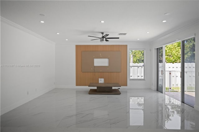 17937 SW 36th St, Miramar, FL 33029 - spare room featuring crown molding, marble finish floor, a ceiling fan, baseboards, and visible vents