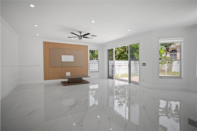 17937 SW 36th St, Miramar, FL 33029 - unfurnished living room with crown molding, marble finish floor, a ceiling fan, baseboards, and recessed lighting
