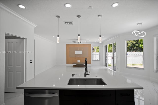 17937 SW 36th St, Miramar, FL 33029 - kitchen featuring visible vents, stainless steel dishwasher, a sink, ornamental molding, and recessed lighting