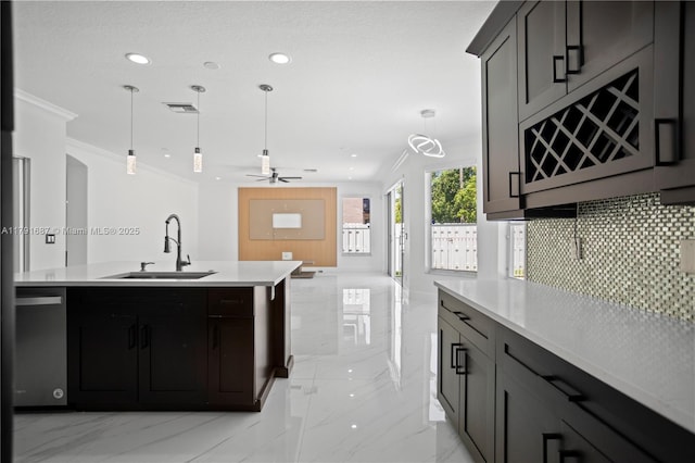 17937 SW 36th St, Miramar, FL 33029 - kitchen featuring ornamental molding, light countertops, tasteful backsplash, a sink, and dishwasher