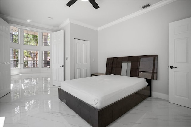 17937 SW 36th St, Miramar, FL 33029 - bedroom featuring crown molding, ceiling fan, marble finish floor, baseboards, and visible vents