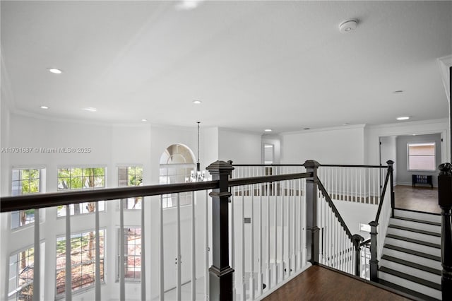 17937 SW 36th St, Miramar, FL 33029 - hall featuring crown molding, recessed lighting, wood finished floors, and an upstairs landing