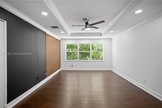 17937 SW 36th St, Miramar, FL 33029 - empty room with visible vents, a ceiling fan, dark wood-style flooring, and crown molding