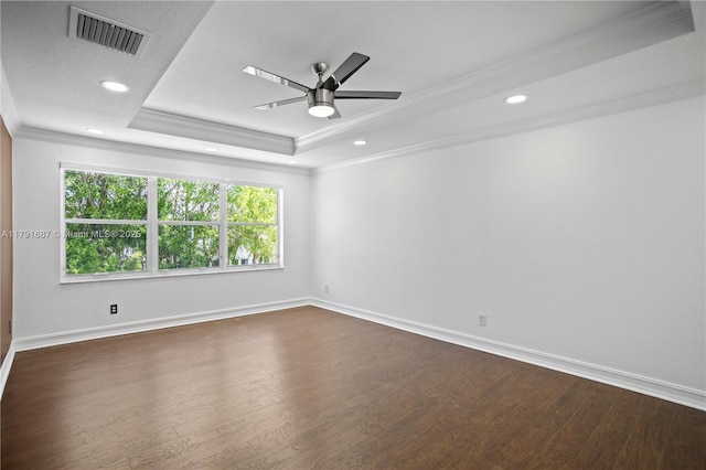 17937 SW 36th St, Miramar, FL 33029 - spare room featuring a ceiling fan, visible vents, dark wood finished floors, a raised ceiling, and ornamental molding