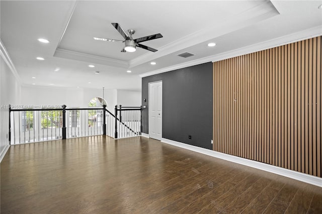 17937 SW 36th St, Miramar, FL 33029 - empty room with ceiling fan, wood finished floors, ornamental molding, a tray ceiling, and recessed lighting