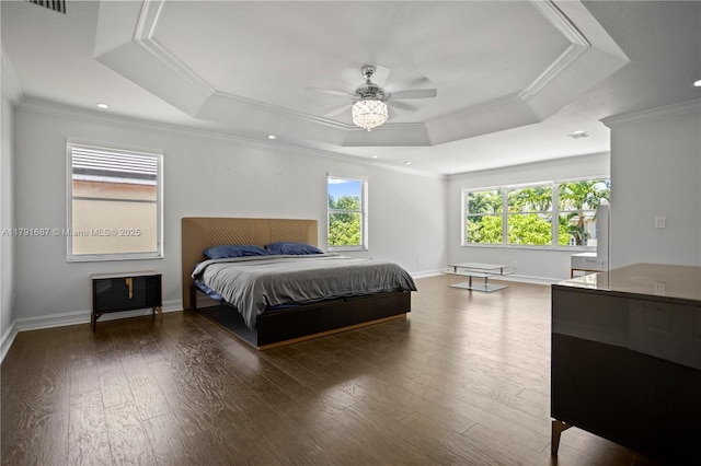 17937 SW 36th St, Miramar, FL 33029 - bedroom with a ceiling fan, crown molding, wood finished floors, a raised ceiling, and baseboards