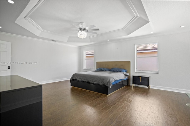 17937 SW 36th St, Miramar, FL 33029 - bedroom with crown molding, a ceiling fan, baseboards, wood finished floors, and a tray ceiling