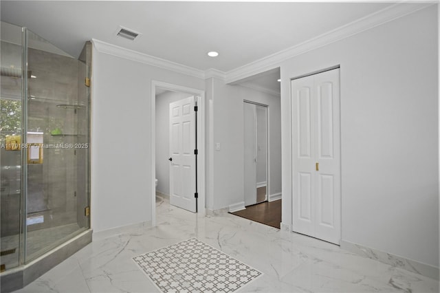 17937 SW 36th St, Miramar, FL 33029 - interior space featuring visible vents, crown molding, a shower stall, baseboards, and toilet